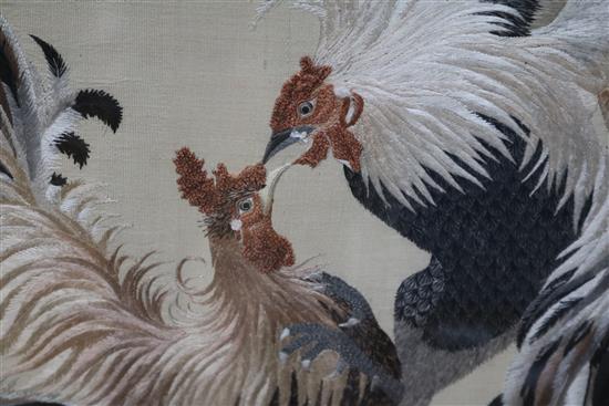 A Japanese embroidered silk picture of cockerels 64 x 82cm